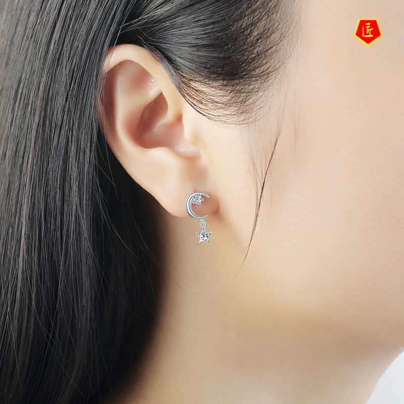 [Ready Stock]S925 Silver Asymmetric Star and Moon Ear Studs