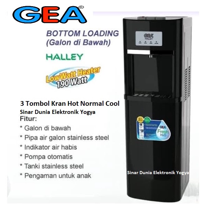 GEA Dispenser Galon Bawah Halley 3 Kran Hot Cool Normal Kompressor