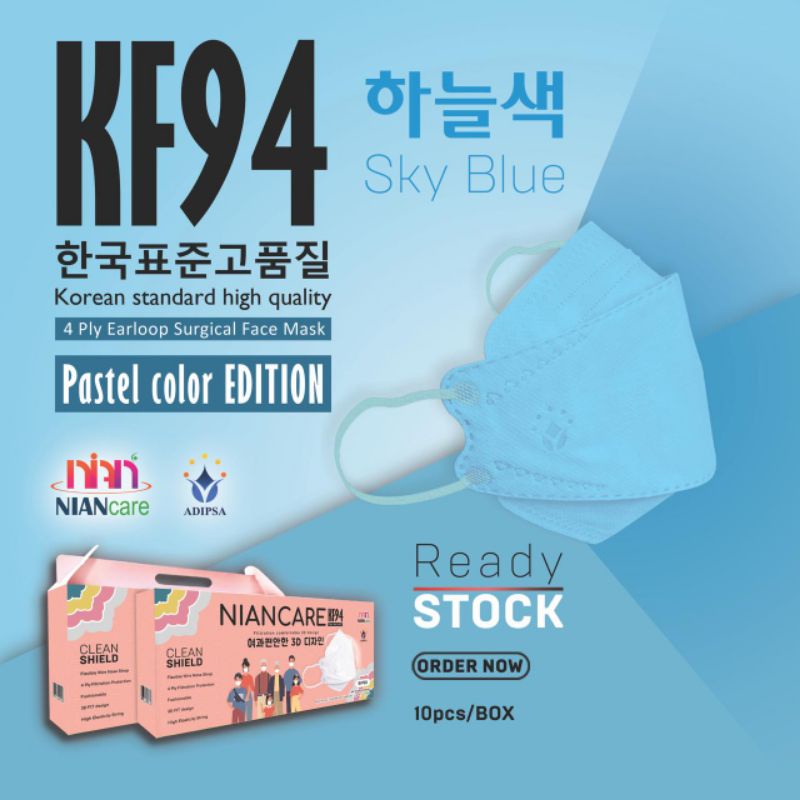 Masker Medis KF94 Nian Warna Pastel Sky Blue/Biru Isi 10 Pcs 4 Ply