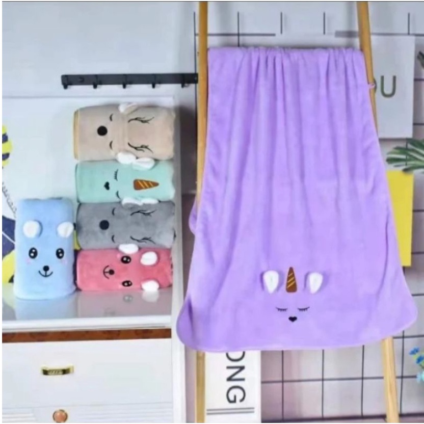 Handuk Mandi Anak / Bayi Microfiber Kuping Timbul Motif Shiba Lembut 50x100cm Daya Serap Tinggi