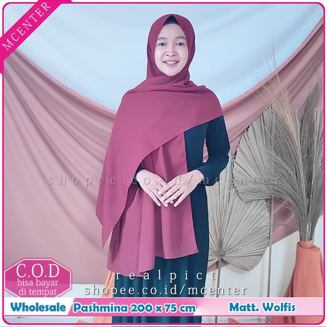 Pashmina Wolfis 200x75 syari Woolpeach Ala Sabyan Malay Crepe Polos