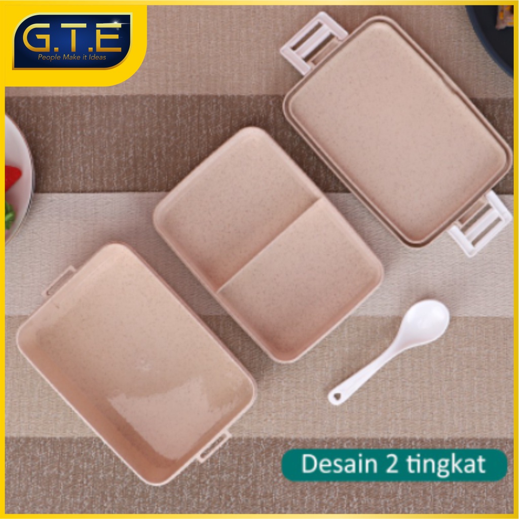 Lunch Box Double Layer / Tempat penyimpanan Makanan Double Layer / Lunch box set/2 tingkat kotak makan/free Sendok/anti bocor| lunch box bahan wheat straw bahan plastik BPA FOOD GRADE