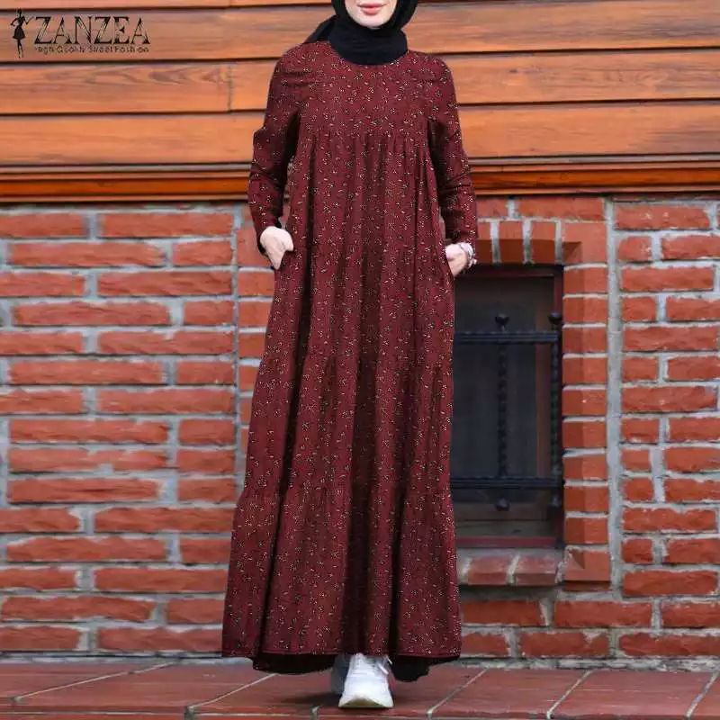 ZANZEA Long Dress wanita muslim motif bunga print/Gamis wanita jumbo S-5XL