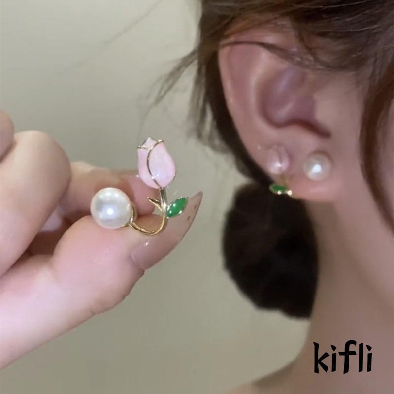 Anting Mutiara Bentuk Bunga Tulip Warna Pink