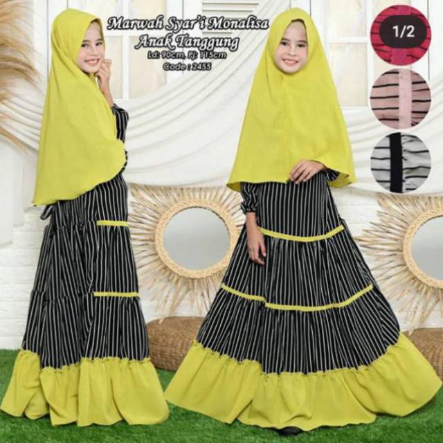 Gamis anak syari tanggung motif 2 layer/gamis anak tanggung/gamis set jilbab anak ceruty babydoll