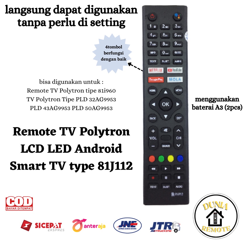 Remot Remote Tv POLYTRON  LCD LED Smart TV ANDROID 81J112 tanpa setting