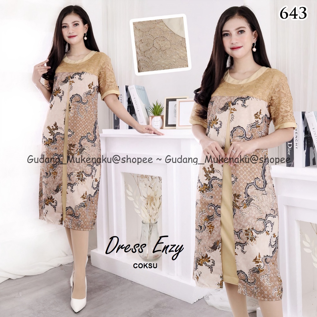 Gudang_Mukenaku Dress Enzy Bahan Katun Batik Kombinasi Brukat Pakaian Fashion Wanita Dewasa Terbaru Premium COD bisa bayar di tujuan