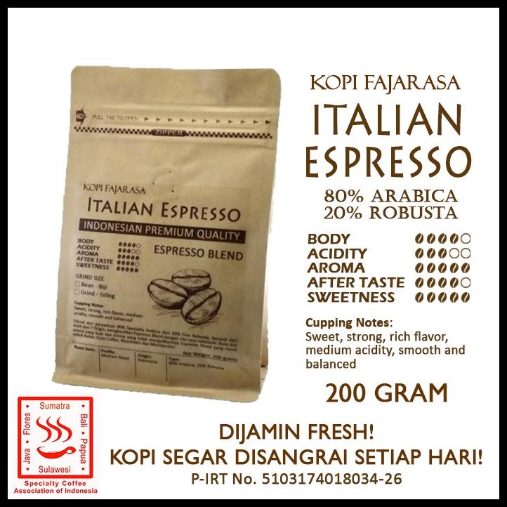 

Kopi Fajarasa Italian Espresso Biji Kopi Espresso Blend 200 Gram