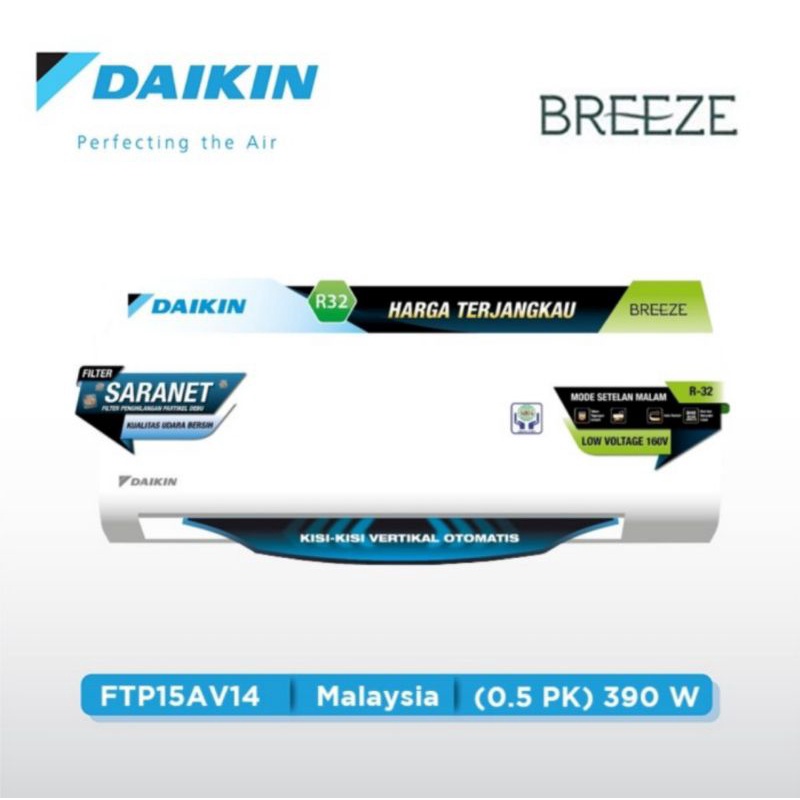 AC DAIKIN 1/2 PK FTP-15AV14 BREEZE NEW SERI MALAYSIA R32 + Instalasi Pemasangan