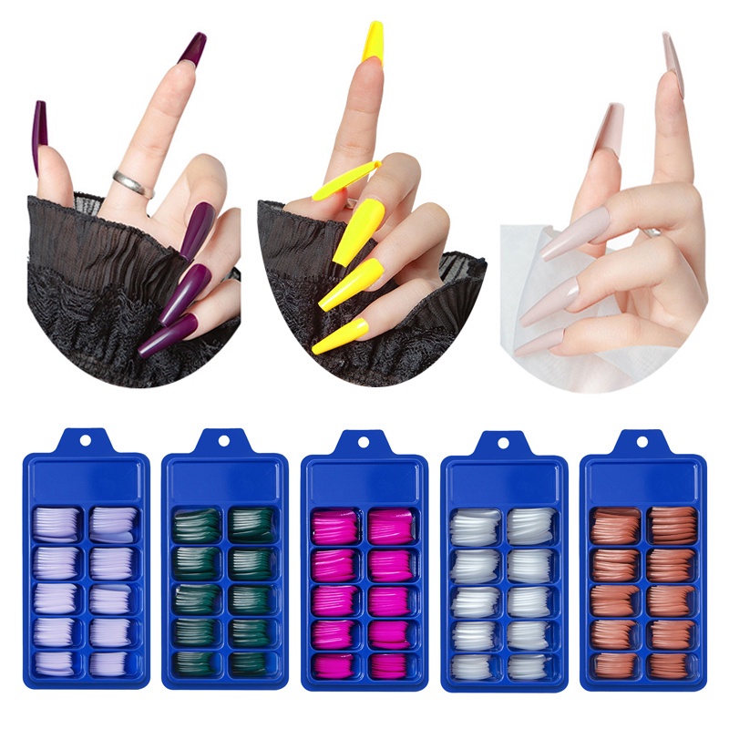 100Pcs / Kotak BLC021-BLC037 Kuku Palsu Panjang Full Cover Warna Polos Reusable Untuk Nail Art