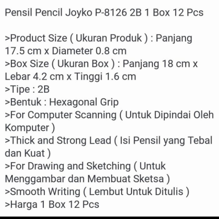 

Sale!!! Pensil 2B Joyko P 8126 ( 1 Lusin ) Bergaransi