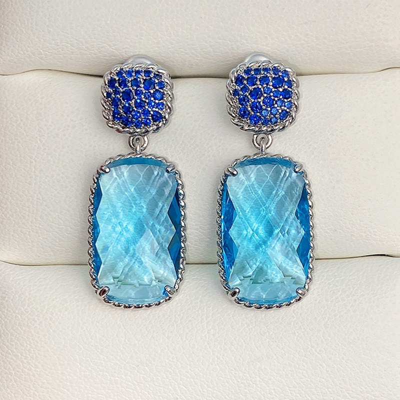 Anting Juntai Bentuk Geometris Unik Bahan Cubic Zirconia Warna Biru Untuk Wanita