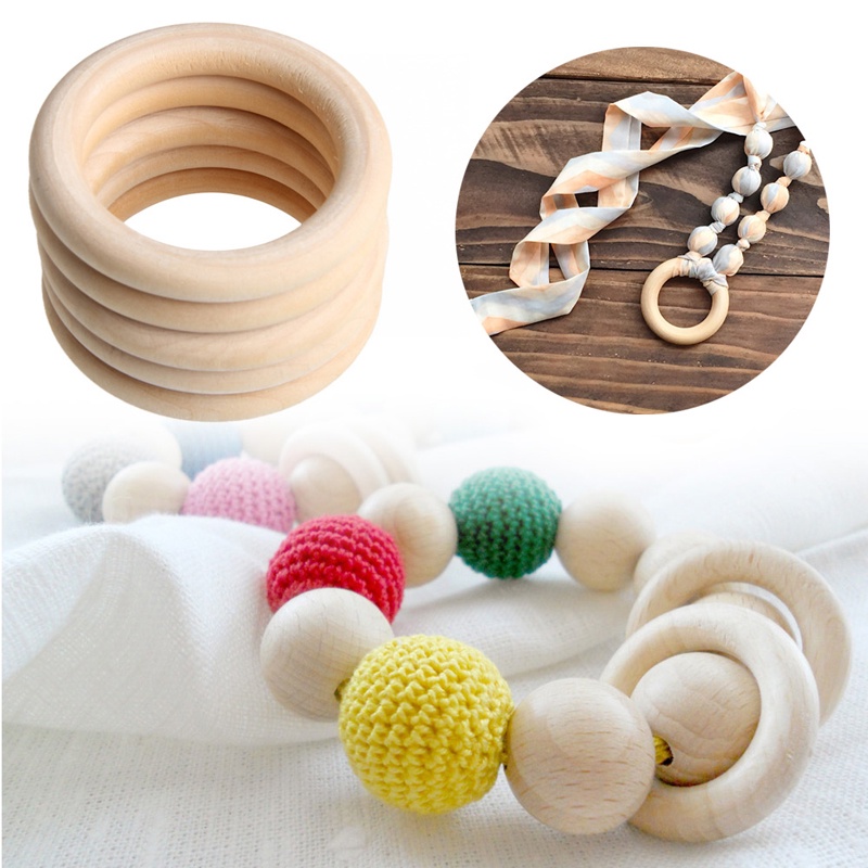 Mary 5pcs / Set Mainan Teether Bayi Bentuk Cincin Bahan Kayu 70mm Untuk DIY Craft