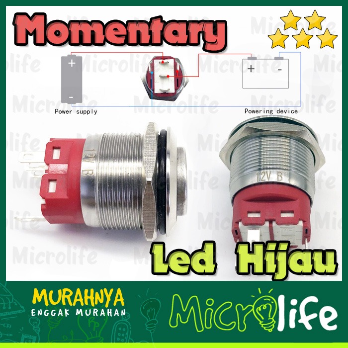 Push on Button Stainless Power LED Hijau 16mm 9-24v Momentary Green