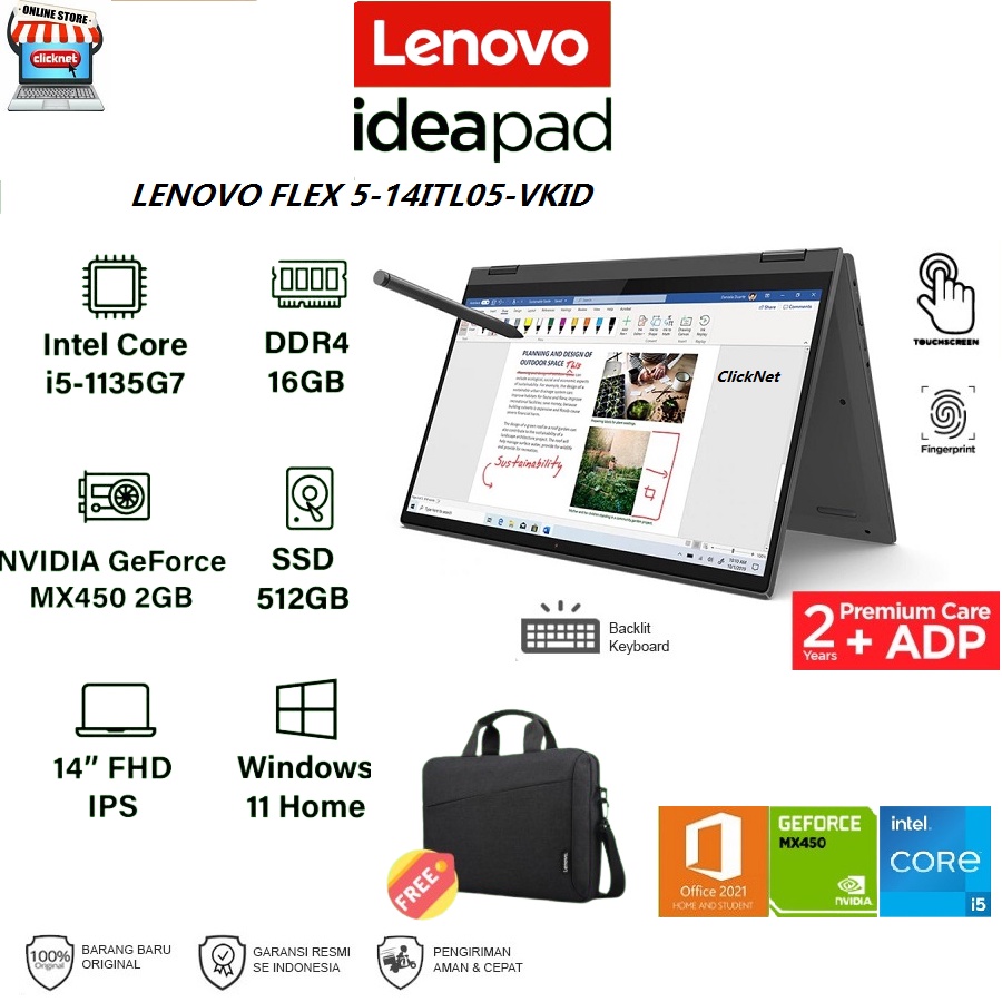Lenovo FLEX 5-14ITL05-VKID Intel i5-1135G7 16GB 512GB SSD MX450 2GB WIN11 OHS