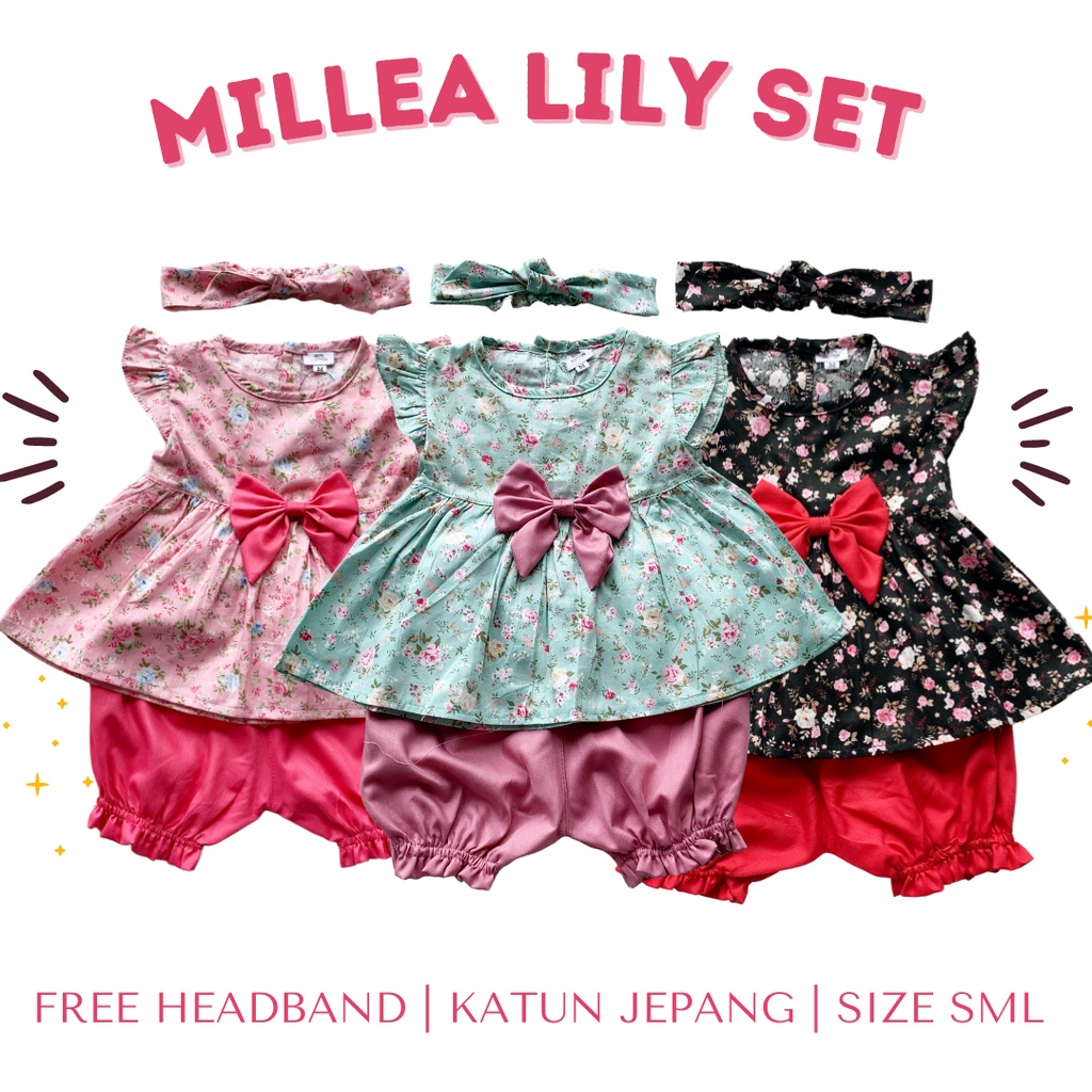 setelan anak perempuan baju pergi anak perempuan set bando anak baby balita 1-2 tahun MILLEA SAKURA LILY SET