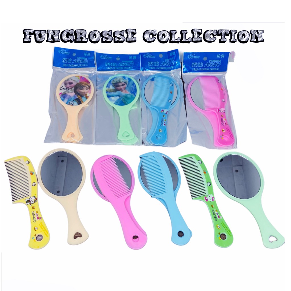 CERMIN KACA + SISIR RIAS GAGANG MINI SET PORTABLE MOTIF KARTUN LUCU / CERMIN PORTABLE / CERMIN GAGANG