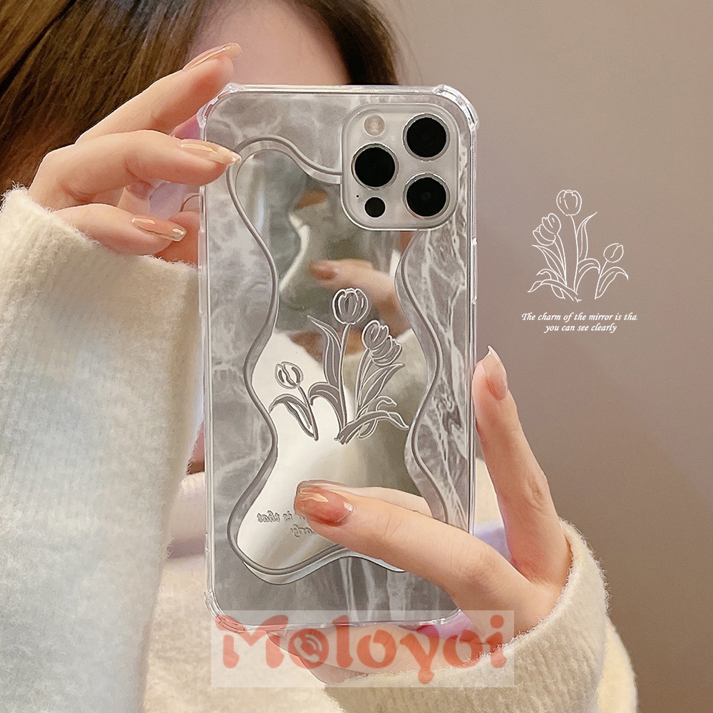 Soft Case TPU Transparan Motif Bunga + Daun + Cermin Makeup Untuk IPhone 13 12 11 Pro Max XR X 7 8 Plus XS Max SE 2020