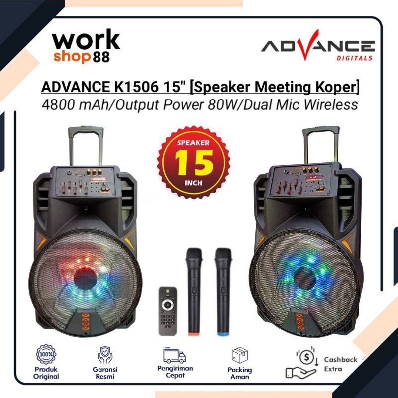 Terbaru Advance K1506 15 Inci Speaker Portable + Remote + 2 Wireless Power 80W - New Original Garans