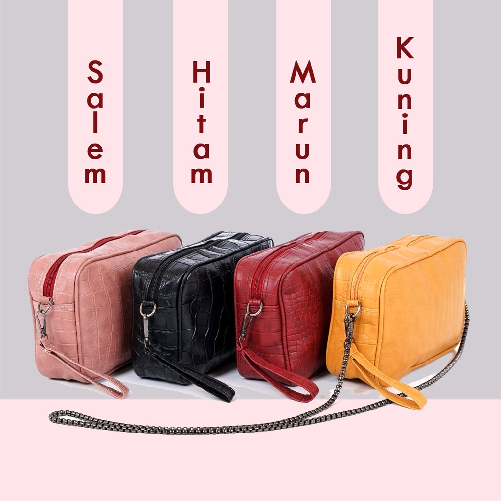 Travel Bag Wanita Tali Rantai Pouch Kosmetik Cewek Kulit Sintetis Croco Tas Organizer make Up Murah