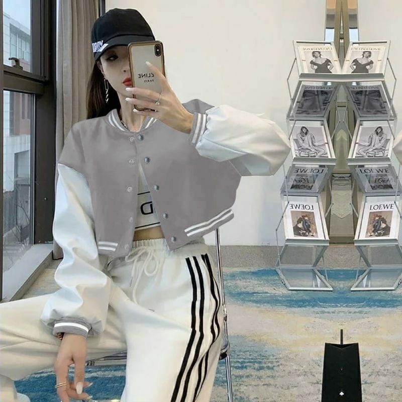 Varsity Cropped Base Ball Two Tone Jacket | Jaket Baseball Wanita Crop Bahan Fleece Tebal Premium Outer Varsity Polos Korean style