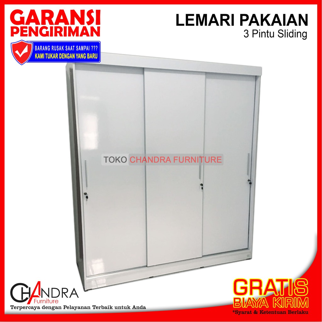 Lemari Pakaian 3 Pintu Sliding Finishing HPL - Putih Glossy (Tag: Lemari Baju, Swing, Duco, 3 Pintu)