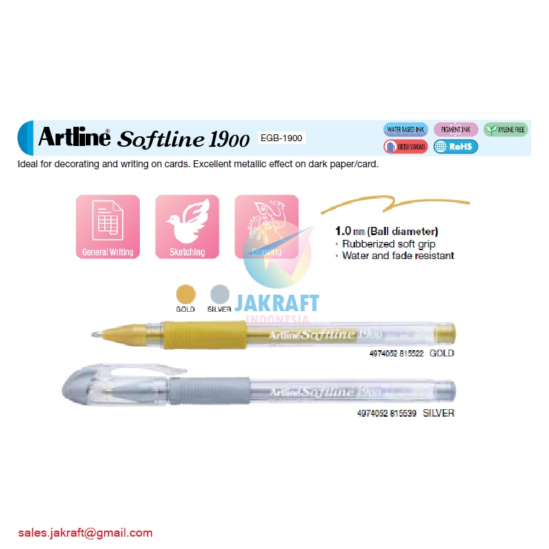 

(1 Pcs) Pulpen Gold / Silver Metallic Color Gel Pen ARTLINE Softline EGB-1900 Bolpen Warna Metalik Lengkap 1.0 mm Medium