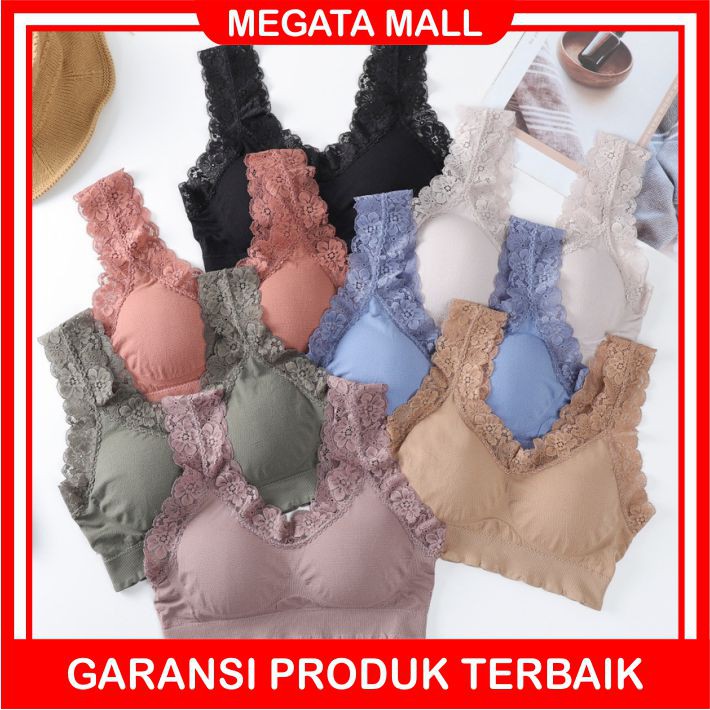 ♫ Megata ♫ A132 Bra Wanita Sports Bra V-Neck Aksen Hem Lace dengan BH Pad Busa Import