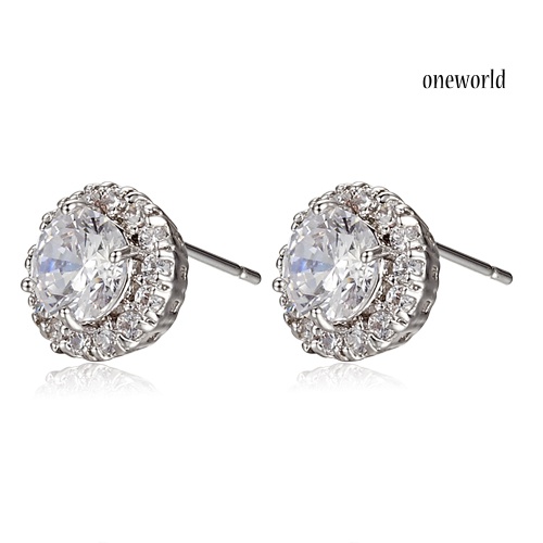 OW@ Women Wedding Engagement 18K White Gold Plated Round Rhinestone Stud Earrings