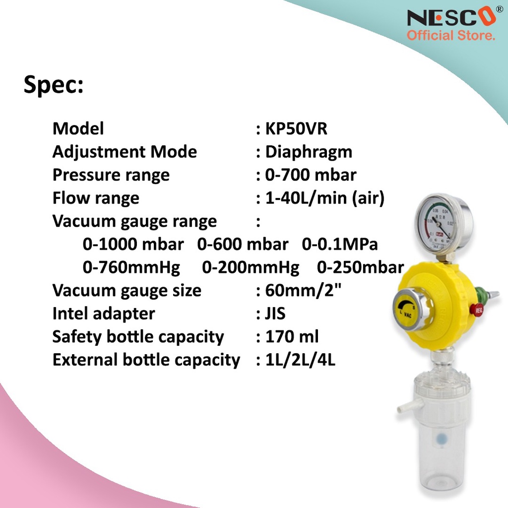 Suction Regulator Nesco, KP50VR (JIS Adapter) dan KP50VR-S (Ohmeda Adapter), SM