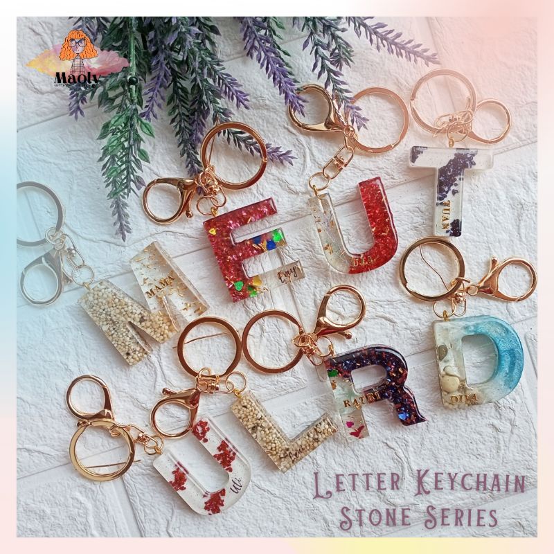 Stone Letter Keychain Resin Gantungan Kunci Huruf Ganci Custom Nama Huruf Kado Hadiah Sovenir Hangtag Hampers