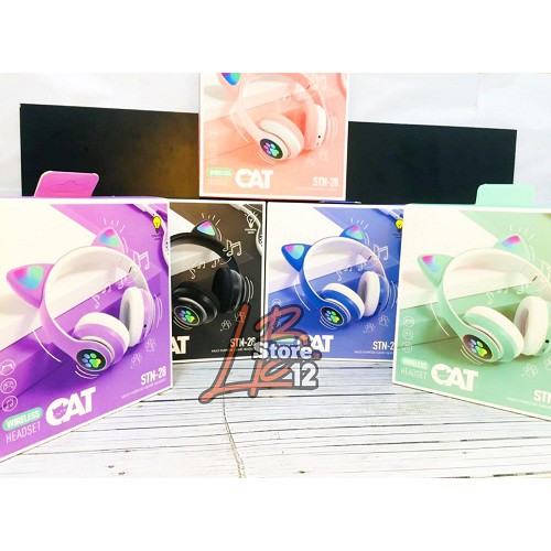 Headphone Bluetooth Bando CAT EAR STN 28 / Headset Wireless Bando Cat Led STN-28 Macaron