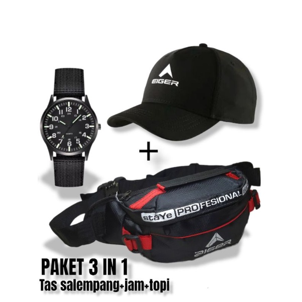 PAKET KEREN 3 IN 1 TAS SALEMPANG PRIA GRATIS TOPI DISTRO GRATIS JAM TRENDY TALI CANVAS - TAS SALEMPA