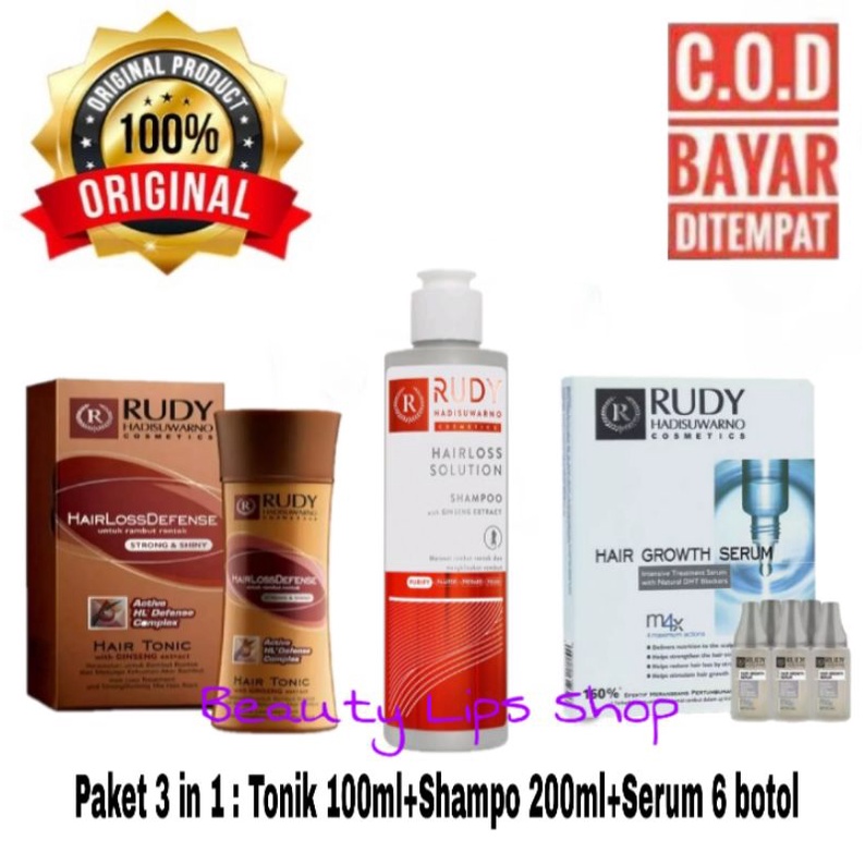 Paket Rudy Hadisuwarno 3 in 1 ( Hair Tonik Rudi 100 ml + Shampo Ginseng 200 ml + Hair Growth Serum 6 Botol ) Mengatasi Rambut Rontok Original 100% Penumbuh Rambut Mengatasi Kebotakan