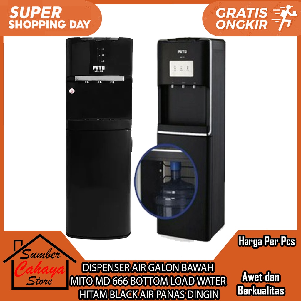 DISPENSER AIR GALON BAWAH MITO MD 666 BOTTOM LOAD WATER  HITAM BLACK AIR PANAS ES DINGIN NORMAL HOT 