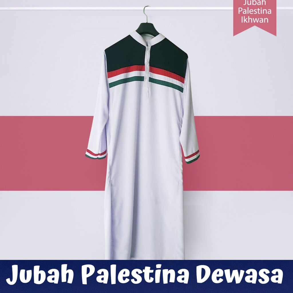 Gamis Jubah Palestina putih pria dewasa lengan panjang fashion muslim pakaian perlengkapan sholat