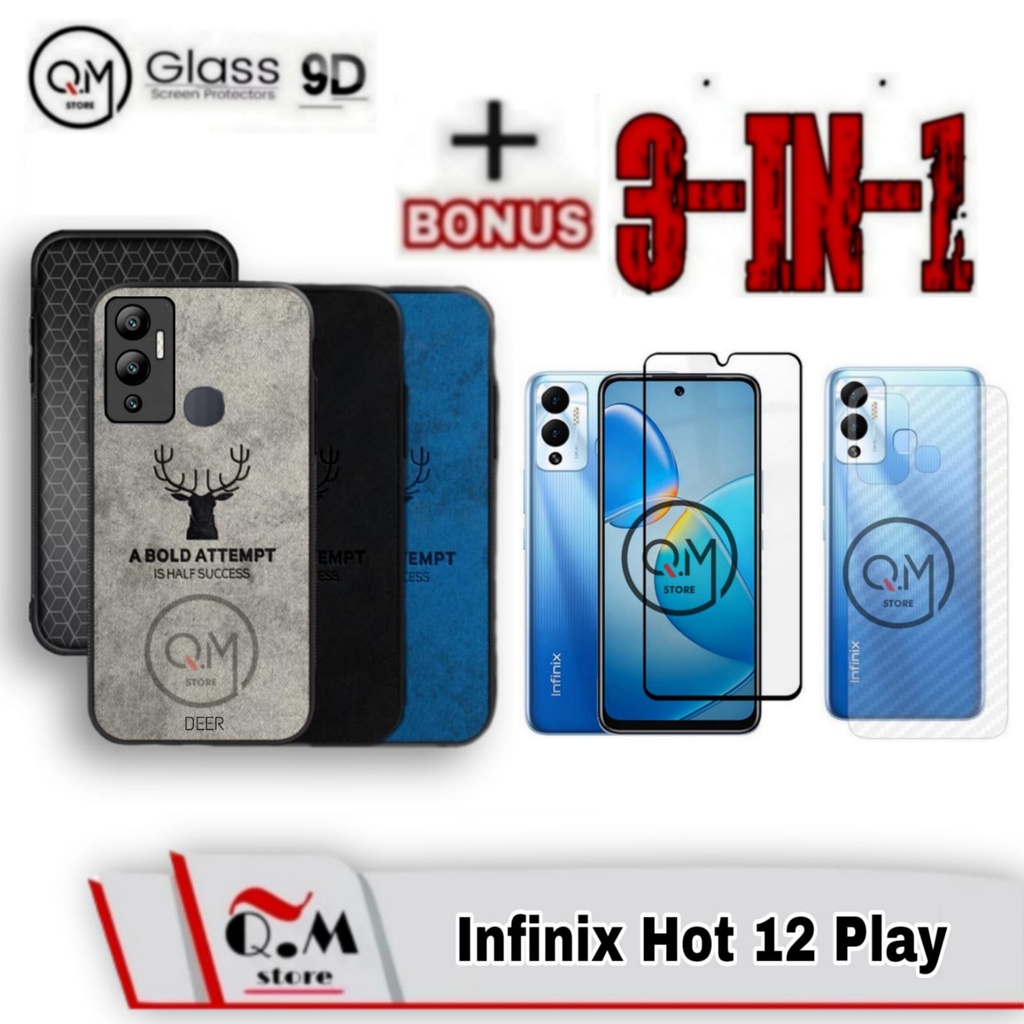 Paket 3 in1 Case Deer Infinix Hot 12 Play / Infinix Hot 12 / Hot 12i Softcase deer High Quality Bermotif Deer Jens Pelindung Back Cover