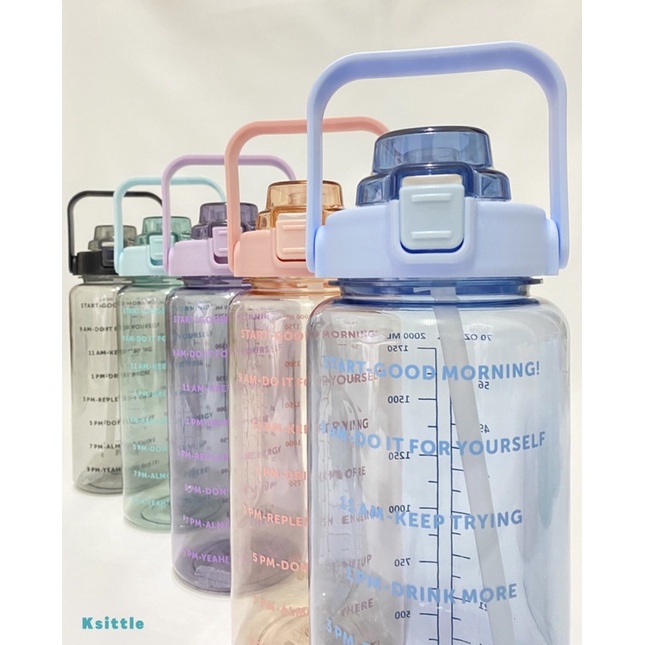 2L Motivational Water Bottle with time marker + straw / Botol minum 2 Liter dengan pengatur waktu + 