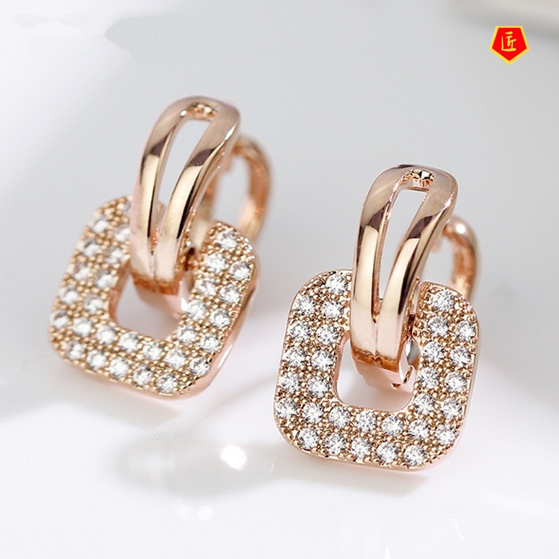 [Ready Stock]Rose Gold Square Crystal Earrings Fashion Temperament