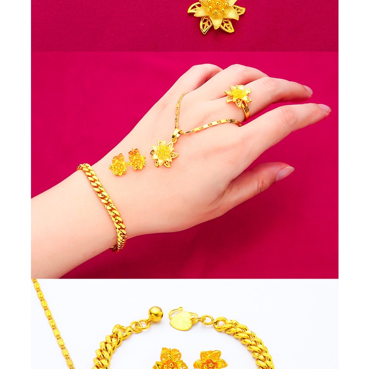 Set Kalung Gelang Cincin 24K Desain Lotus Gaya Bangkok Untuk Wanita