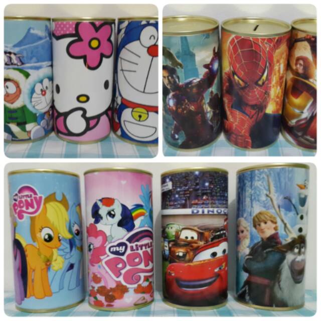 Celengan Tabung Kaleng Karakter Little Pony, Spiderman, Cars, Hello Kitty, Doraemon, Frozen