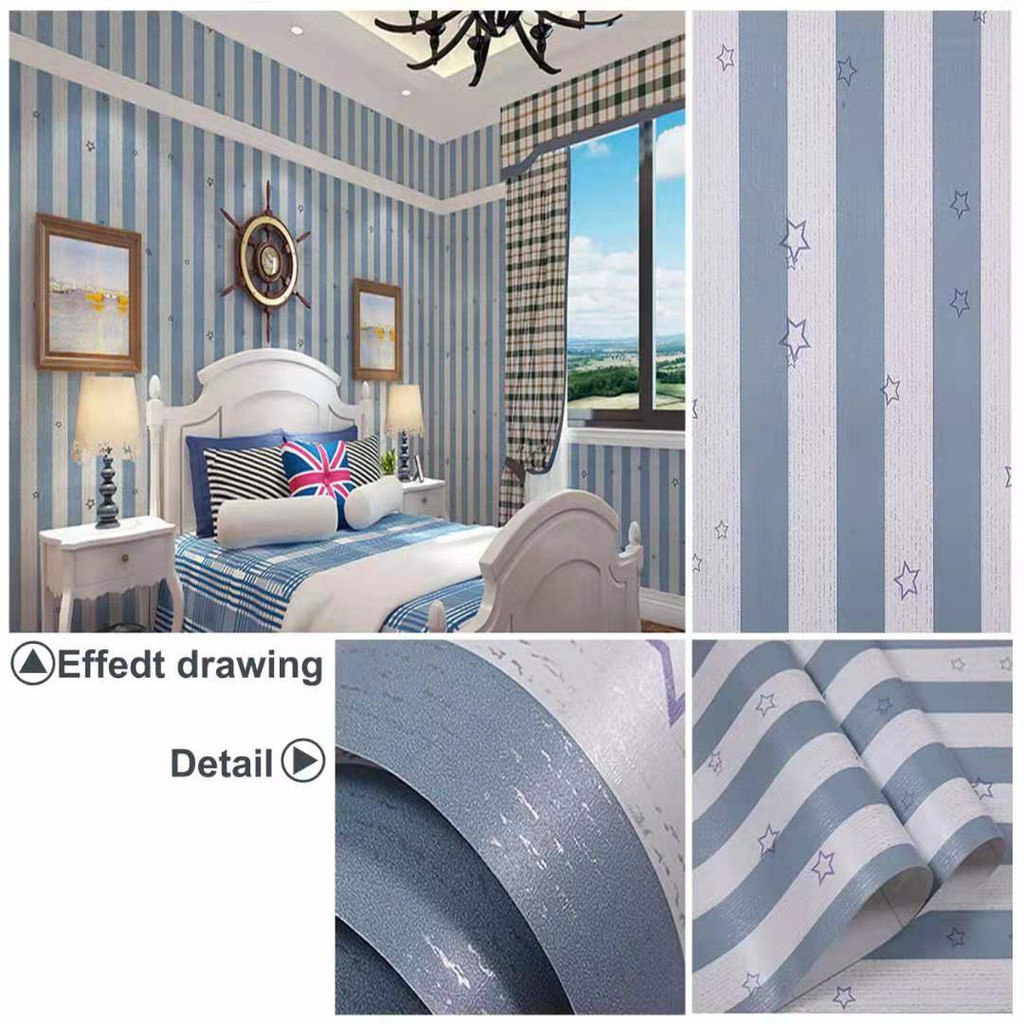 Walpaper Dinding Wallpaper Stiker Dinding Motif Salur Biru Bintang Warna Soft Wallpaper Ruang Tamu Aesthetic GH078