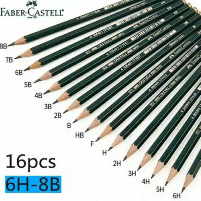 

Faber-Castell Pencil grade lengkap 6H/5H/4H/3H/2H/H/F/HB/B/2B/3B/4B/5B/6B/7B/8B (SATUAN)
