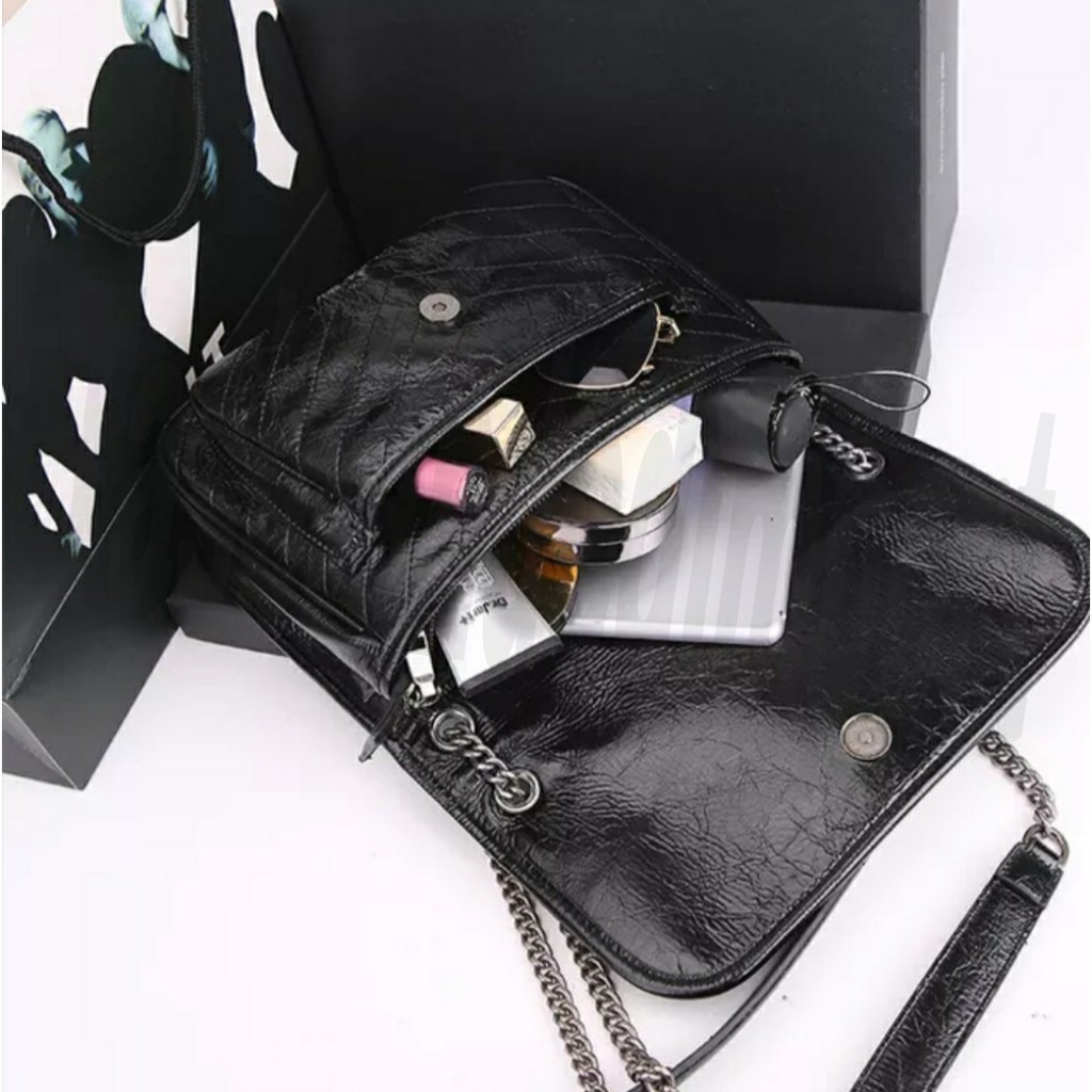 {PROMO} Tas Selempang Chain Crinkled Quilted Leather Hitam Crossbody bag tas wanita branded tas wanita kekinian tas wanita terbaru sling bag wanita shoulder bag wanita tas wanita premium COD tas wanita murah