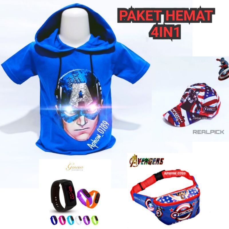 {BISA COD} PAKET KOMPLIT 4IN1 KAOS HOODIE LED TOPI BORDIR JAM DIGITAL DAN TAS WAISTBAG