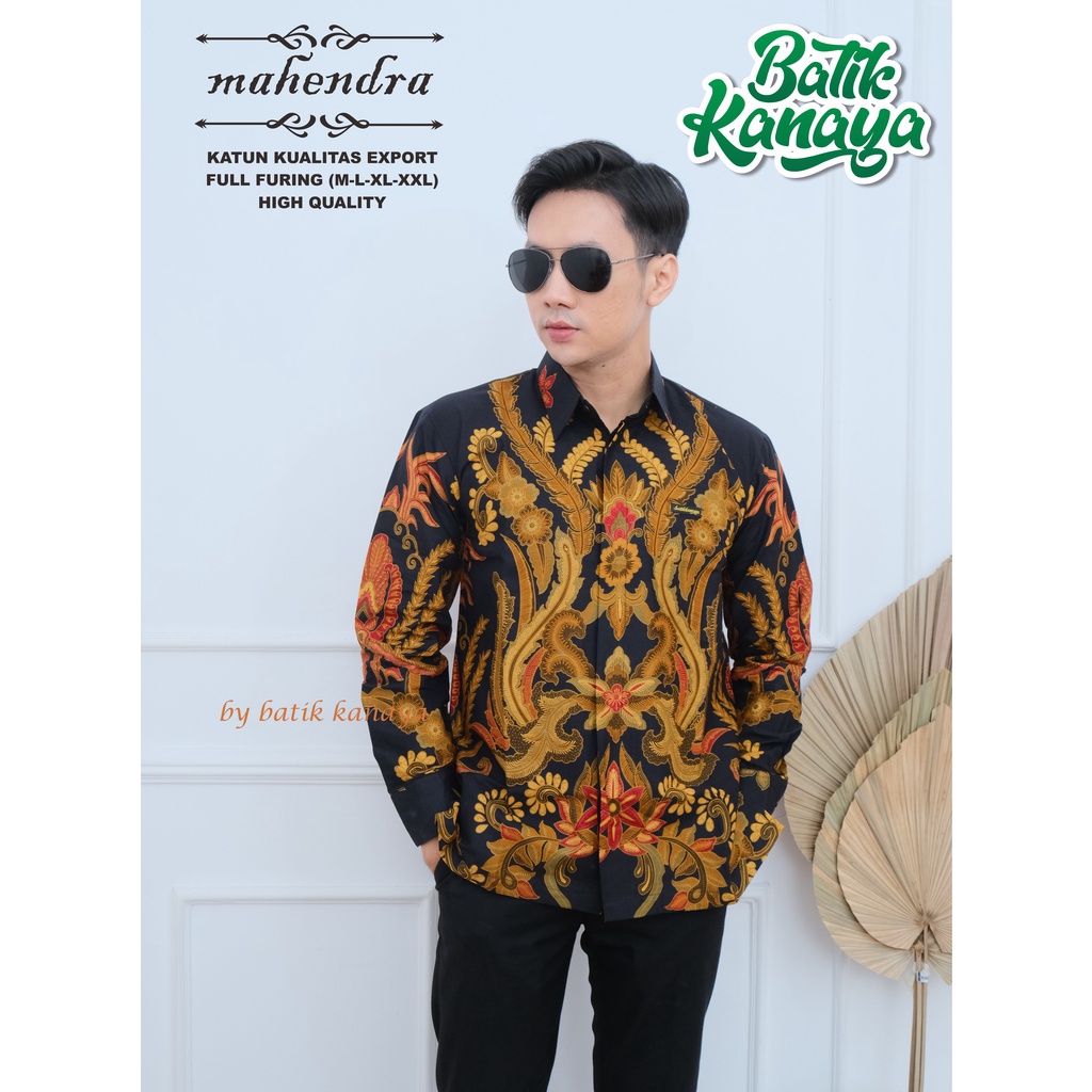 Kanaya Baju Batik Pria Lengan Panjang Modern Full Furing Kualitas Ekspor MAHENDRA Warna Dasar Navy Dongker