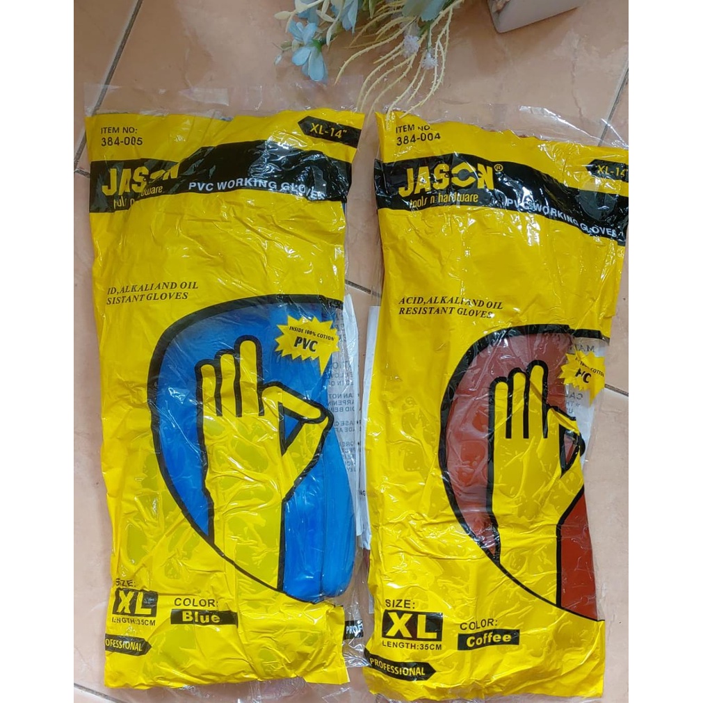 SARUNG TANGAN PVC 14&quot; WARNA COFFEE JASON (384-004) &amp; BIRU JASON (384-005)