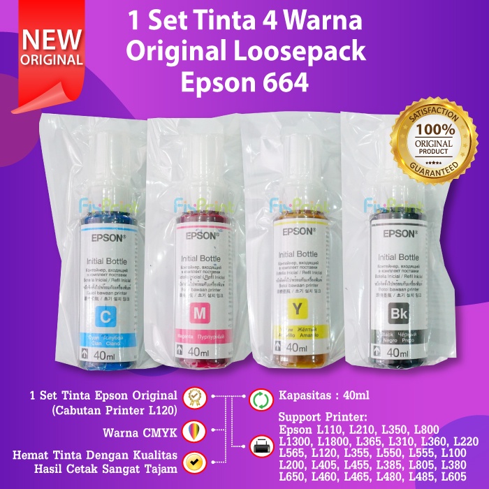 LOOSE PACK TINTA EPSON 664 T664 40ML ORIGINAL 100% CABUTAN PRINTER L120 L121 Support L1300 L565 L360