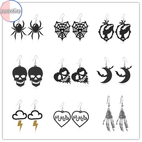 Anting hoop Liontin Tangan Tengkorak Labu Hantu Laba-Laba Halloween Warna Hitam Untuk Wanita