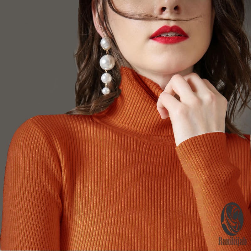 Sweater rajut wanita korea style RH - atasan rajut wanita - baju rajut wanita lengan panjang kerah tinggi motif salur turtleneck